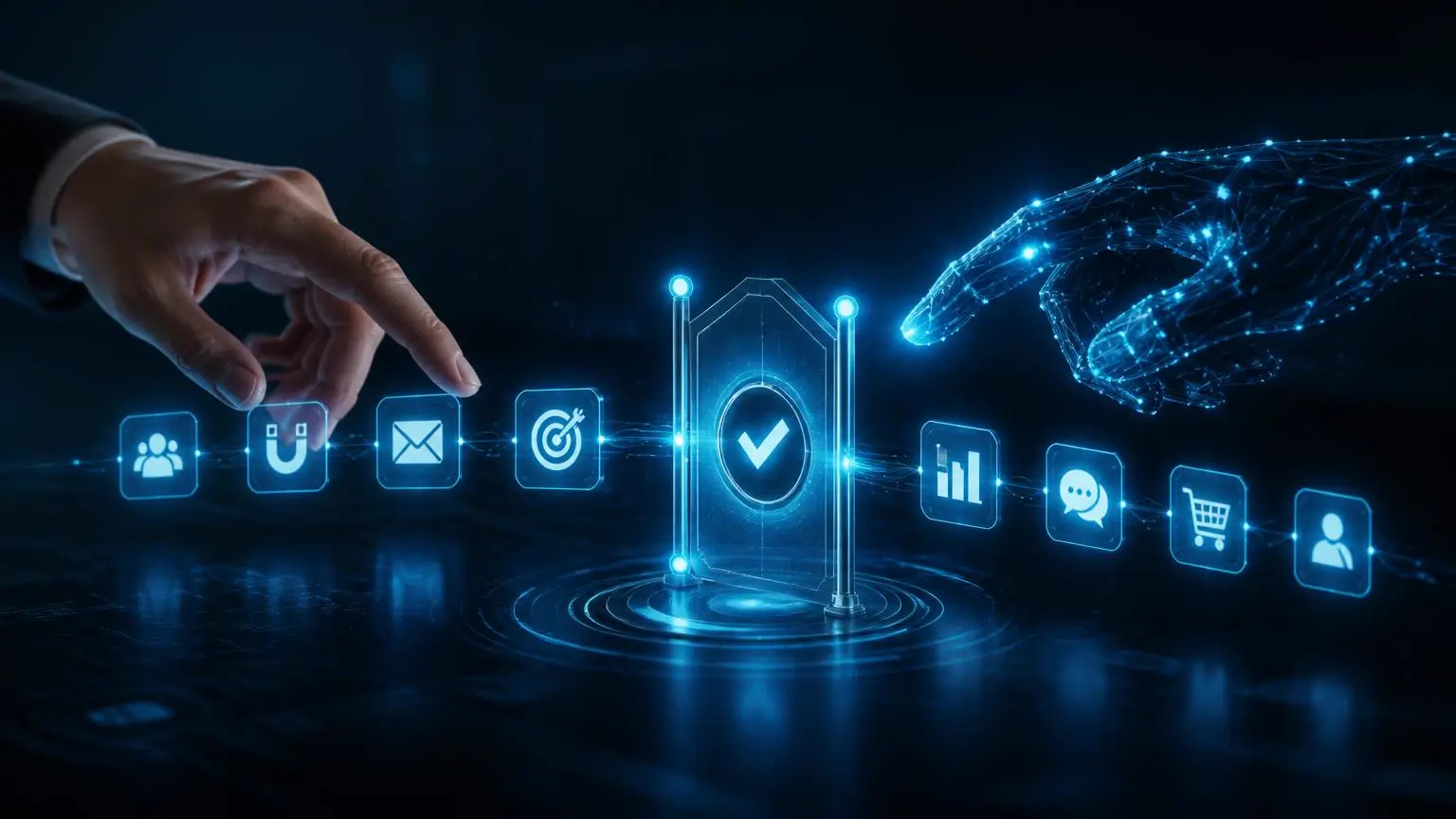 Menneskehånd og digital hånd mødes over et lysende workflow med et godkendelsestrin i midten