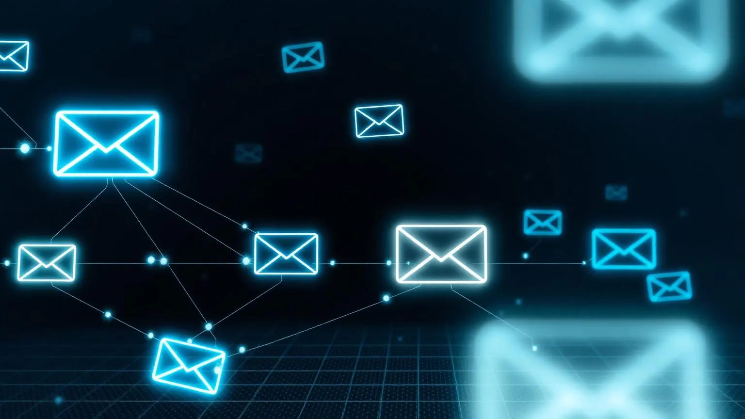 Lysende e-mail-ikoner forbundet i automatiserede flows på mørk baggrund