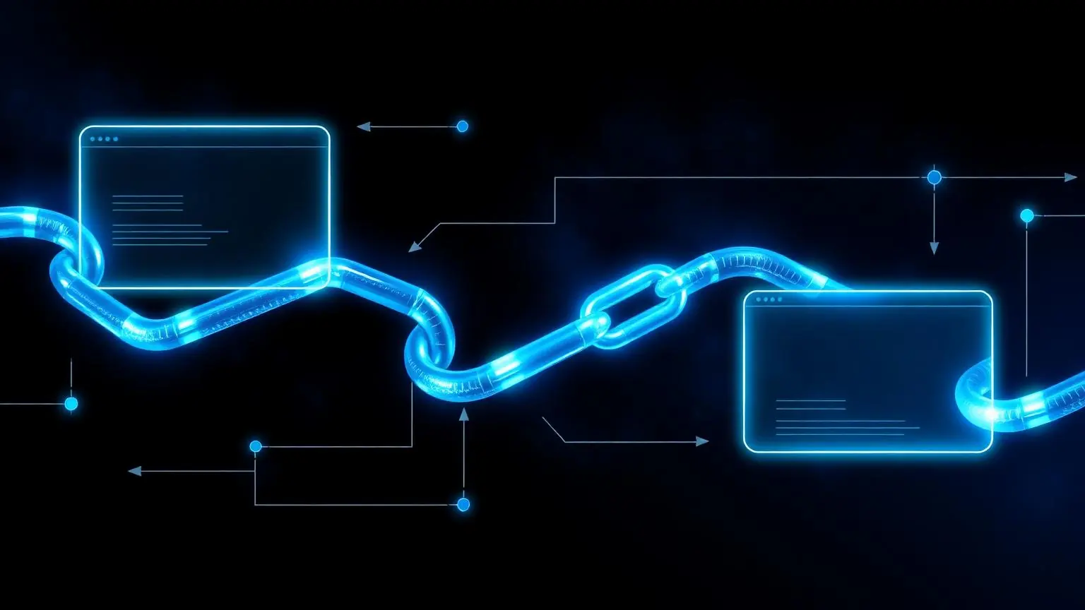 Lysende kæde der forbinder to wireframe-websites på mørk baggrund