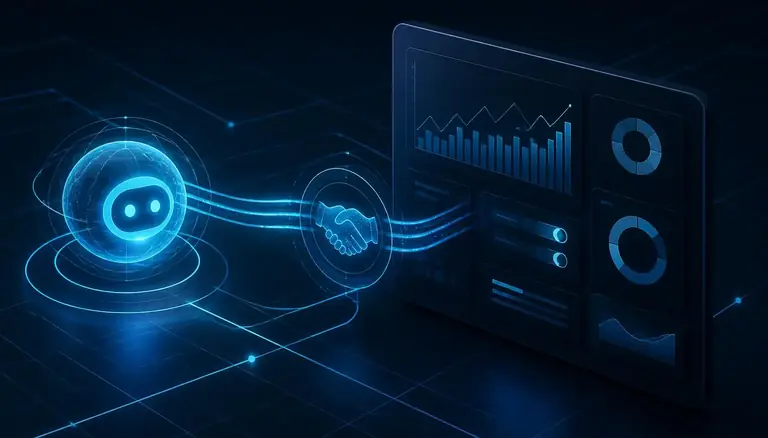 Lysende AI-agent forbundet med dataledninger til et mørkt annoncedashboard med grafer og kontakter