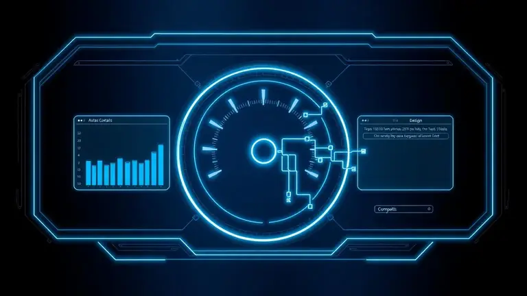 Lysende teknisk dashboard med målere og crawl-diagram på mørk baggrund